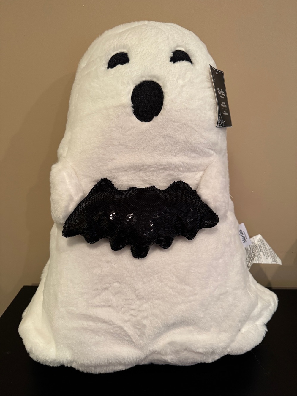 Martha Stewart Plush White Ghost Pillow with Black Sequin Bat  can be Doorstop